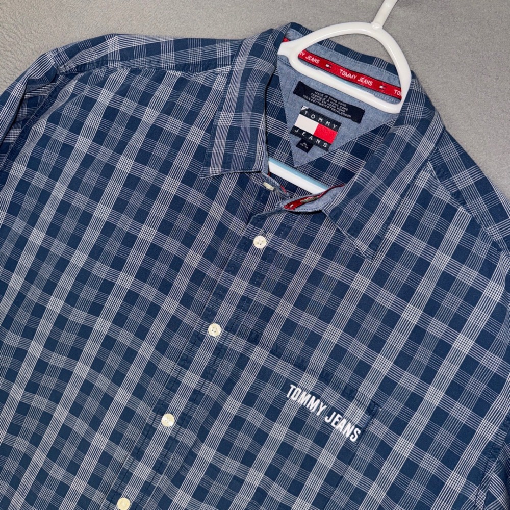 Tommy Jeans Shirt Mens XL Blue Glen Plaid Long Sleeve Button Down Vintage Y2K